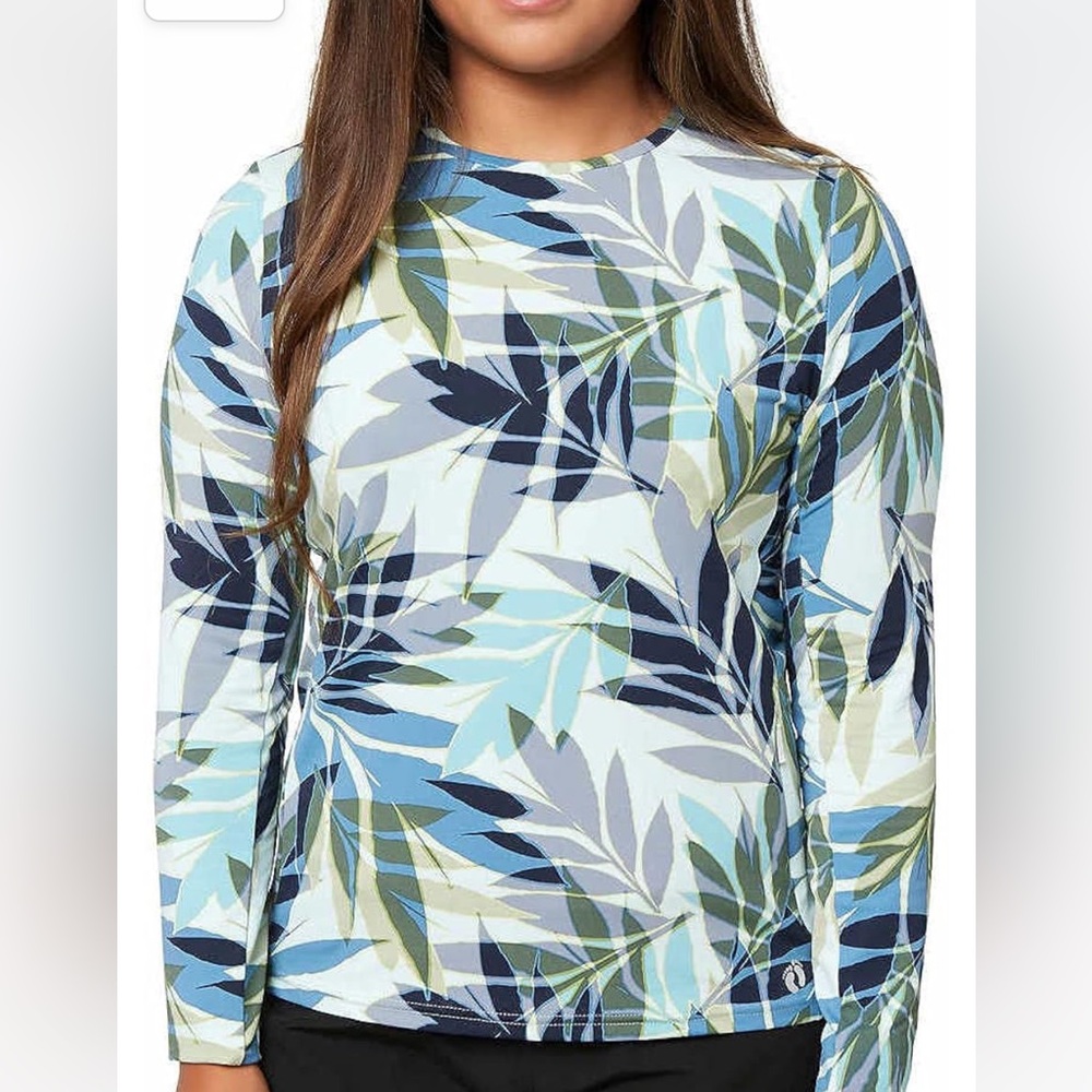 HANG TEN RASH GUARD SHIRT TOP UV PROTECTION SIZE L BLUE AQUA MAUVE LEAF PRINT